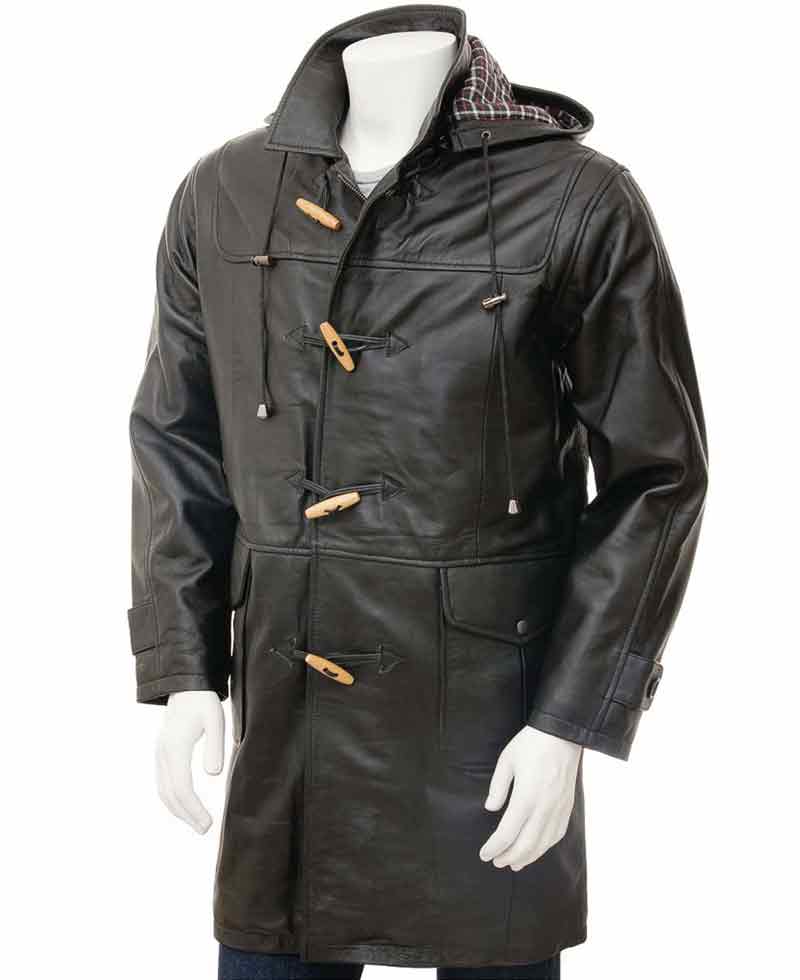 Men's Duffle Black Leather Coat